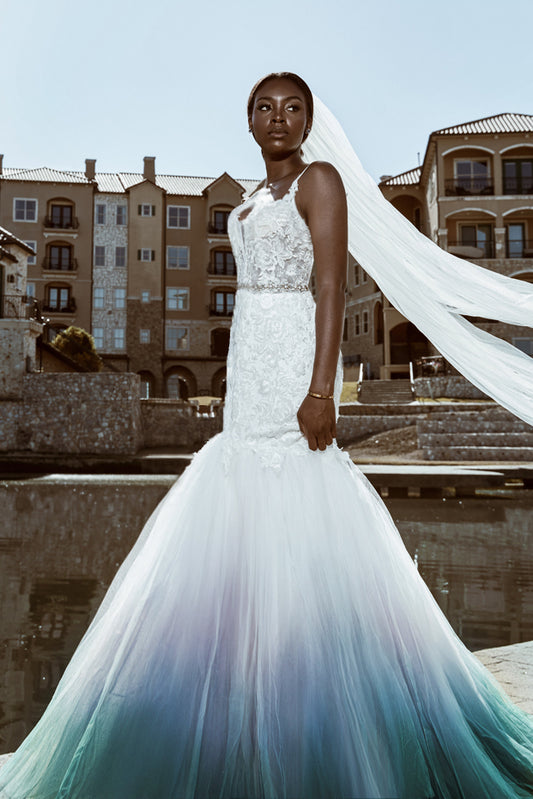 dip dye peacock mermaid blue green teal ombre dyeing wedding dress